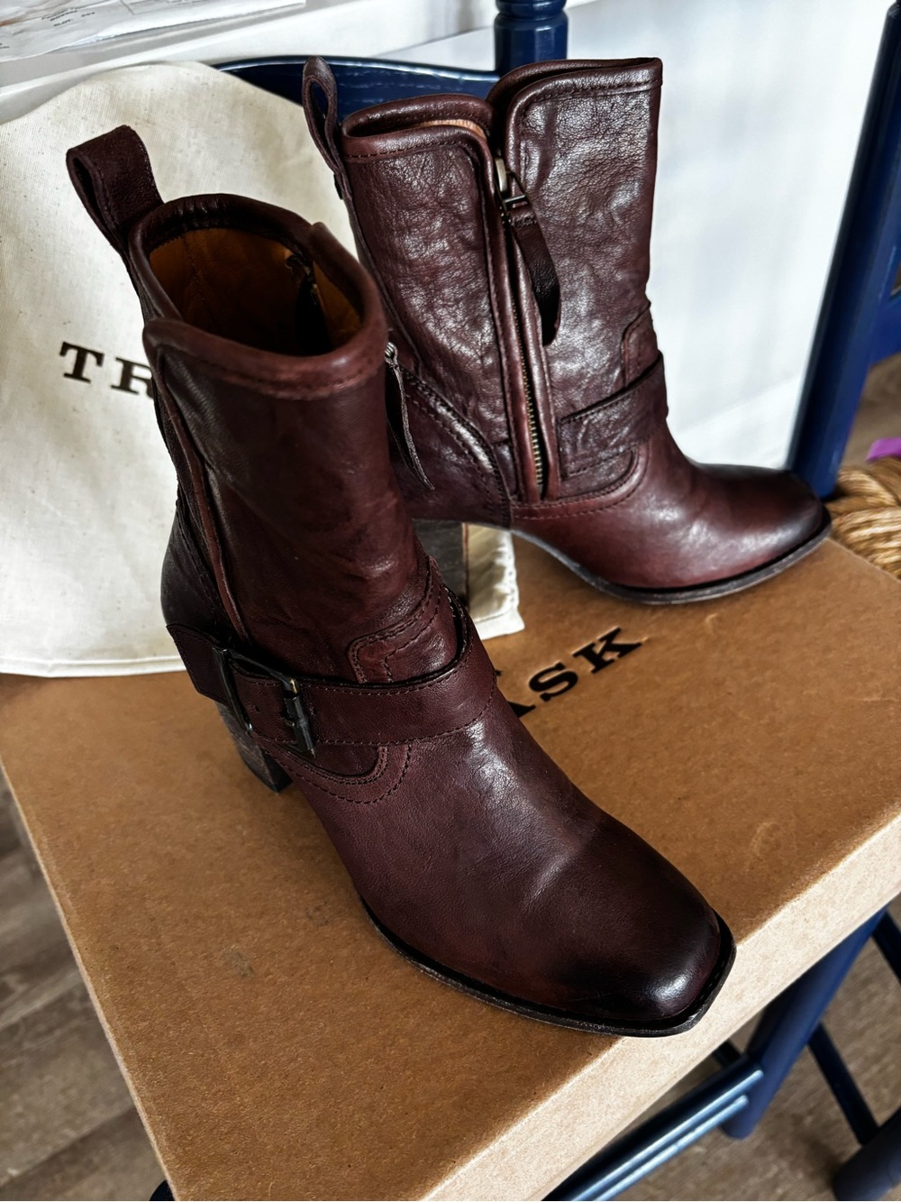 Trask Brown Leather Mid-Calf Ankle Boots with Buckle Detail